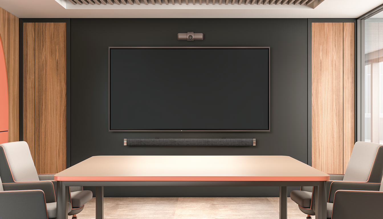 Illustration of a contemporary conference room with display and conferencing equipment